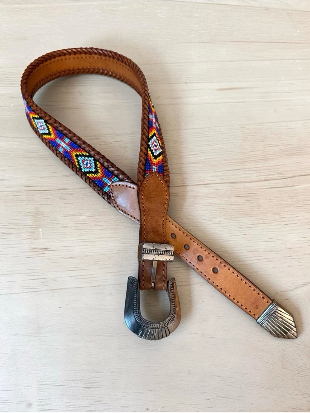 Vintage Leather Belt with Silver-Tone Buckle - Multi